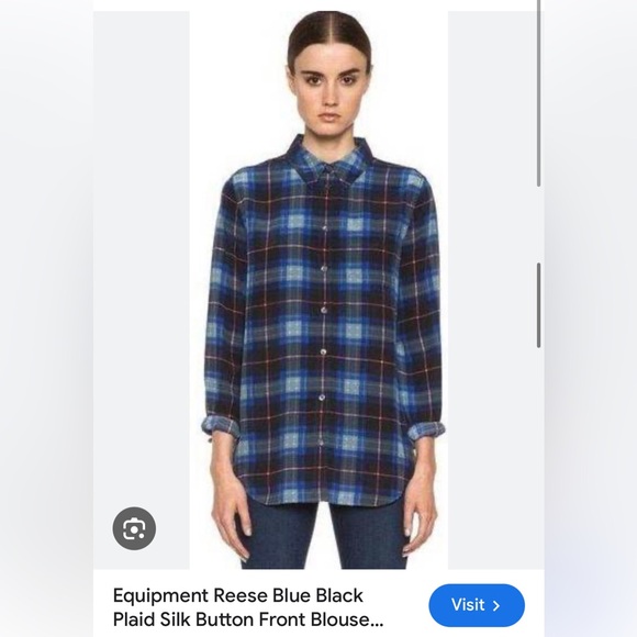 Silk blouse by Equipment. Blue/Black plaid. Size L - Picture 2 of 6